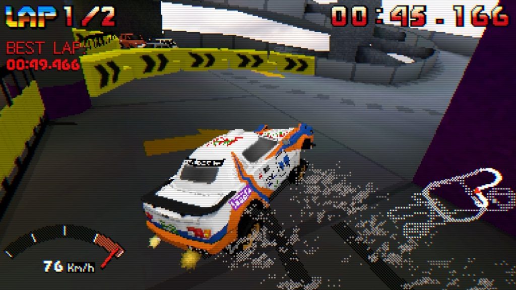 The “Parking Garage Rally Circuit” tour comes into a city, selects a parking garage, and temporarily turns it into an exciting rally course for a week-long competition. Each track in the game is styled as a unique parking garage that has been turned into a race course.